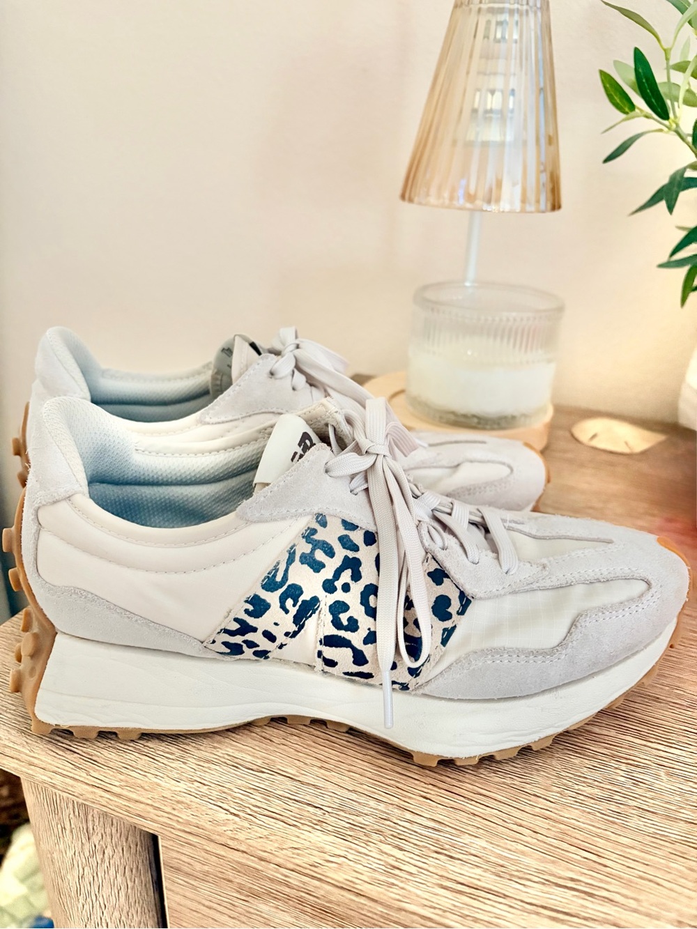 New Balance Cream and Navy Leopard-Accent Women's Sneaker